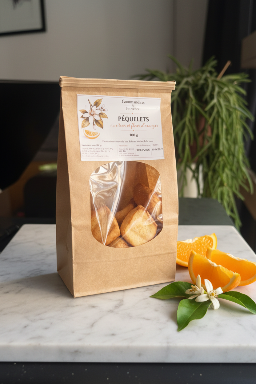Sachet kraft de péquelets au citron et fleur d'oranger, biscuits artisanaux provençaux