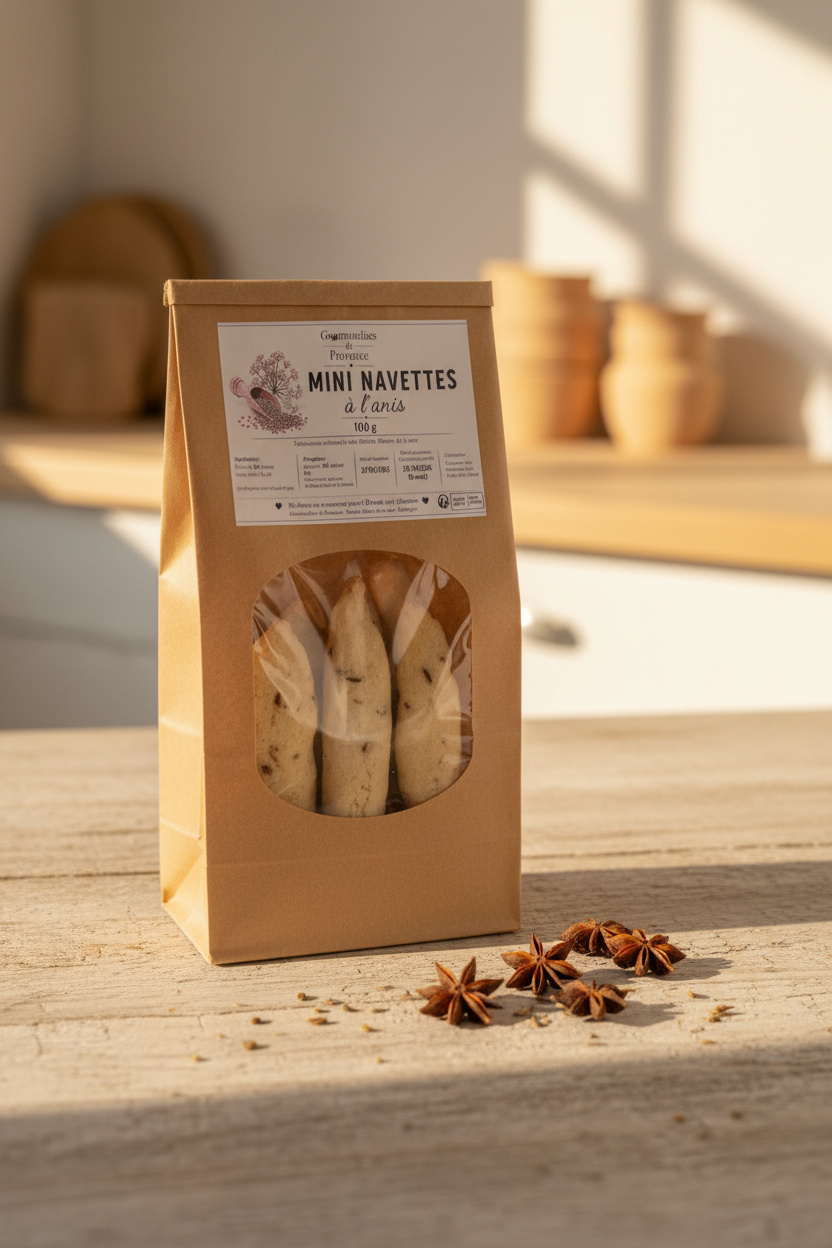 Sachet kraft de mini navettes à l'anis, biscuits artisanaux provençaux