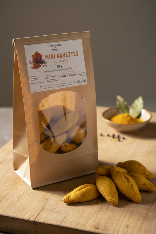 Sachet kraft de mini navettes au curry, biscuits artisanaux provençaux