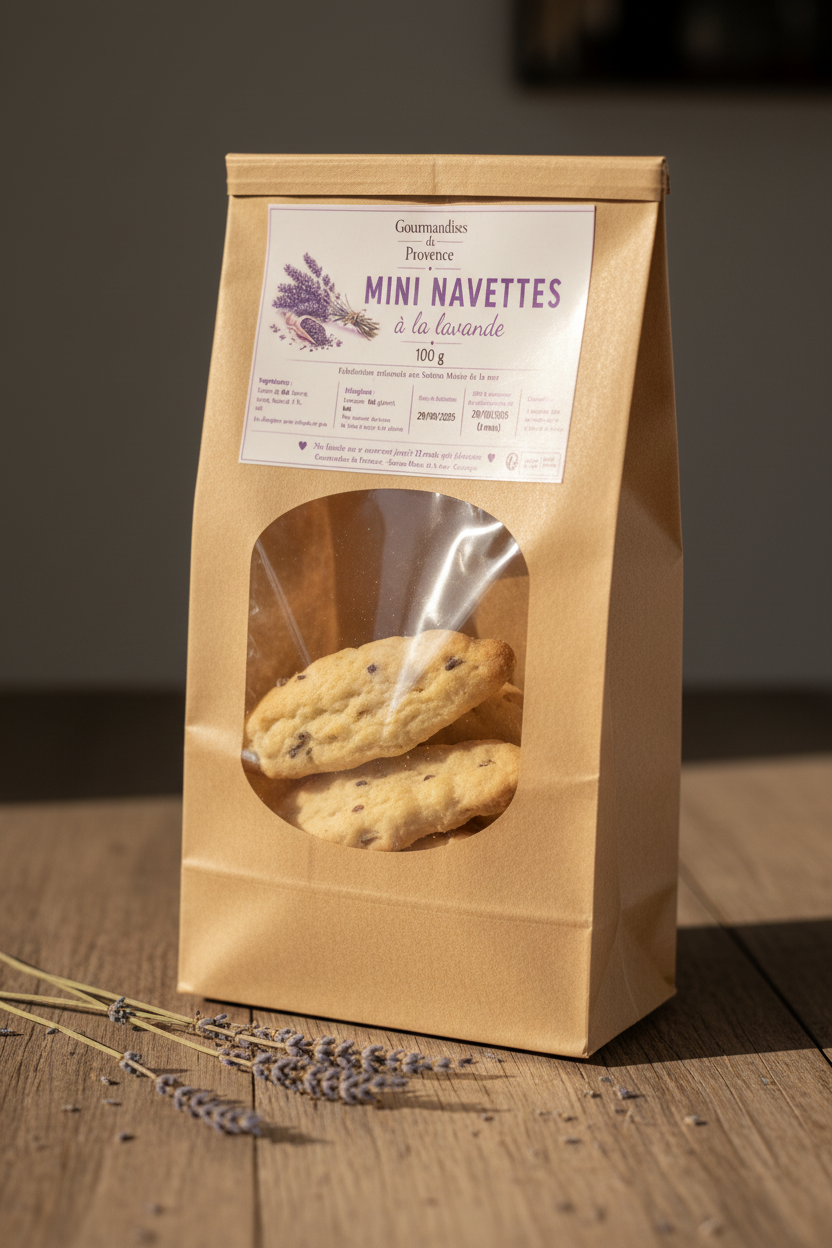 Sachet kraft de mini navettes à la lavande, biscuits artisanaux provençaux