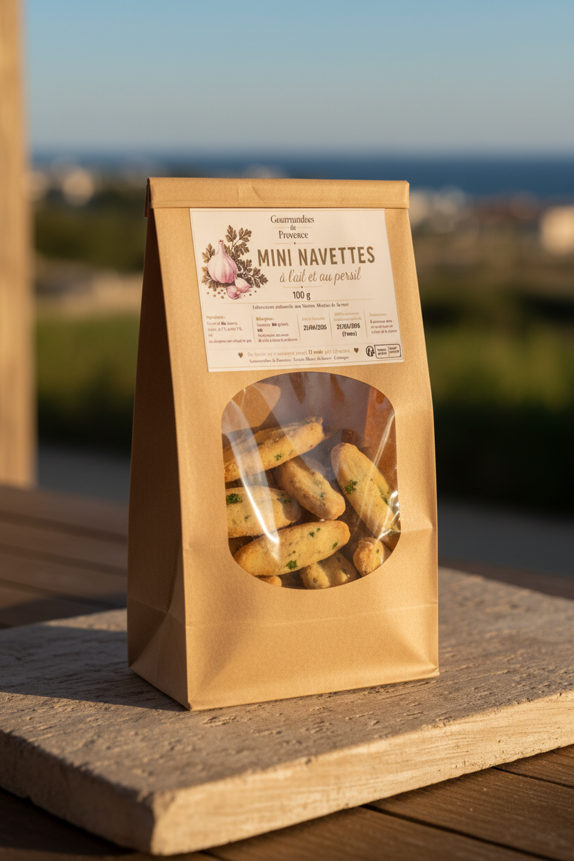 Sachet kraft de mini navettes à l'ail et au persil, biscuits artisanaux provençaux