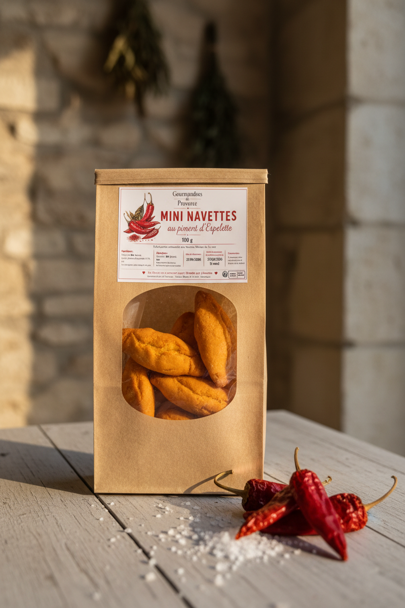 Sachet kraft de mini navettes au piment d'Espelette, biscuits artisanaux provençaux