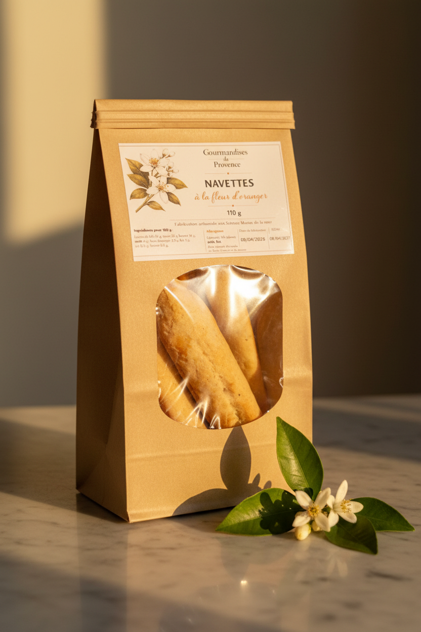 Sachet kraft de navettes à la fleur d'oranger, biscuits artisanaux provençaux